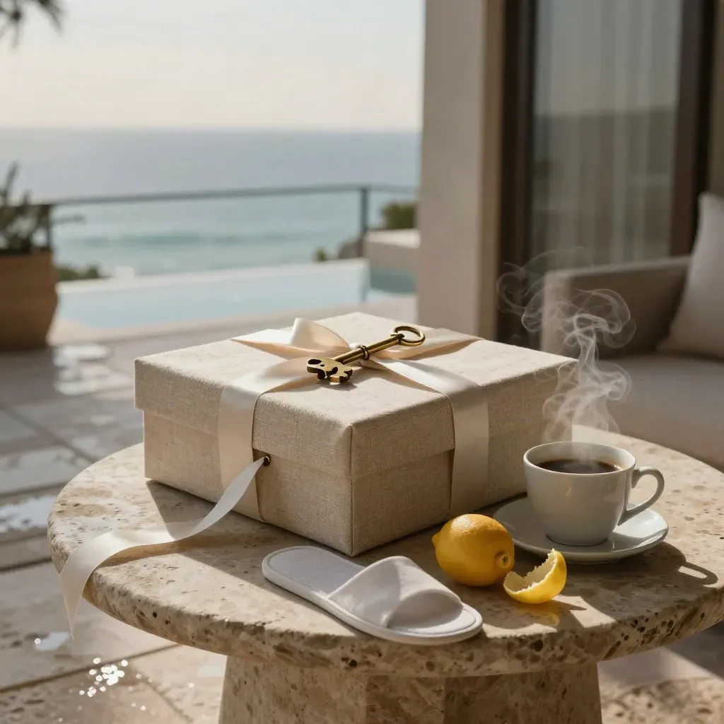 Cofanetto regalo aperto in suite sul mare con pantofole spa, chiave e agrumi all’alba.