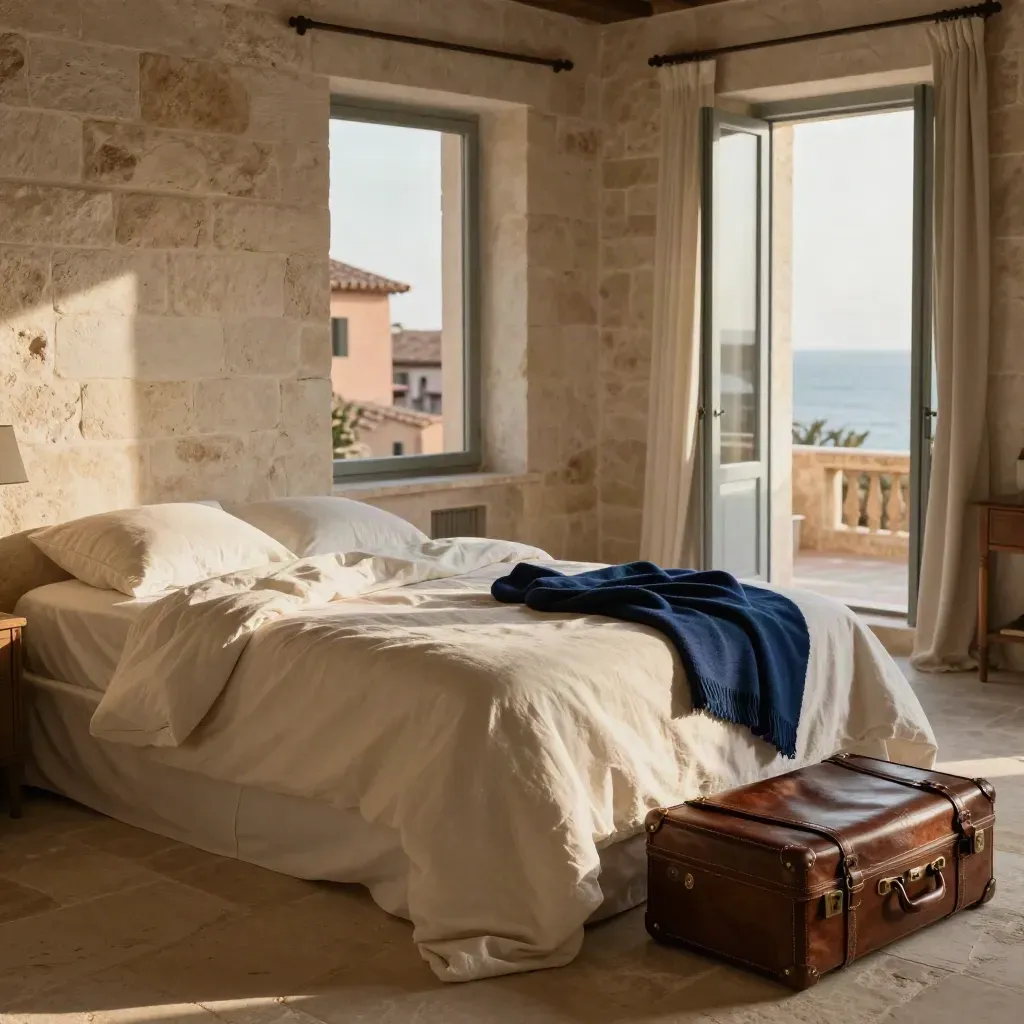 Camera in pietra chiara con letto disfatto, valigia morbida e finestra aperta sul mare lontano
