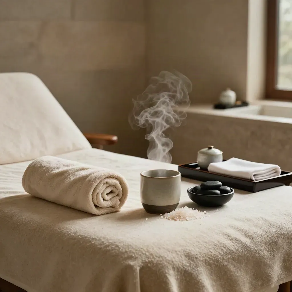Suite spa con lettino riscaldato, vapore, asciugamani e colazione elegante in pietra chiara