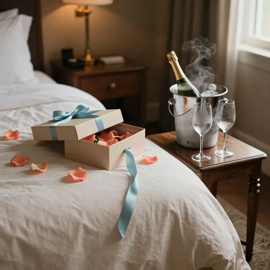 Suite romantica con box regalo aperta, petali di rosa, calici e bottiglia ghiacciata sul letto.