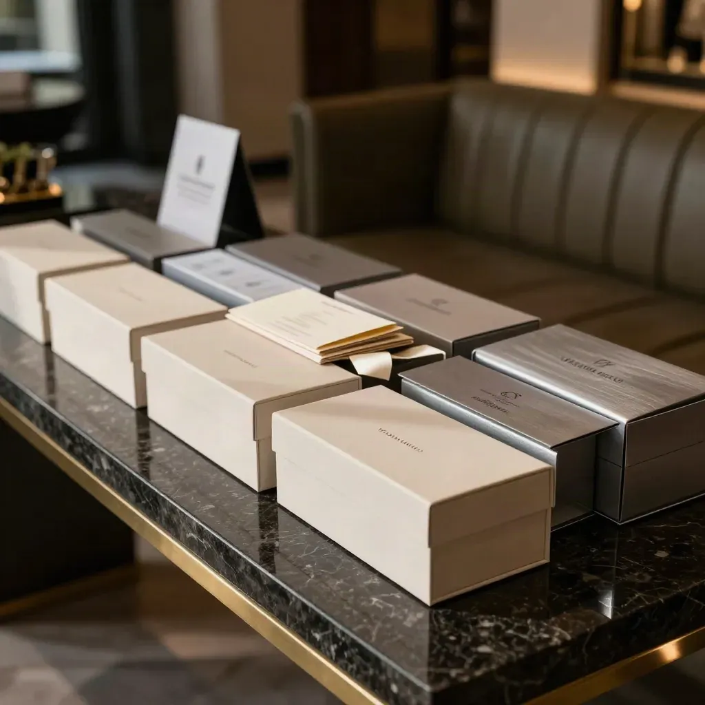 Scatole regalo aziendali per voucher viaggio su consolle di pietra in lobby d’hotel elegante.