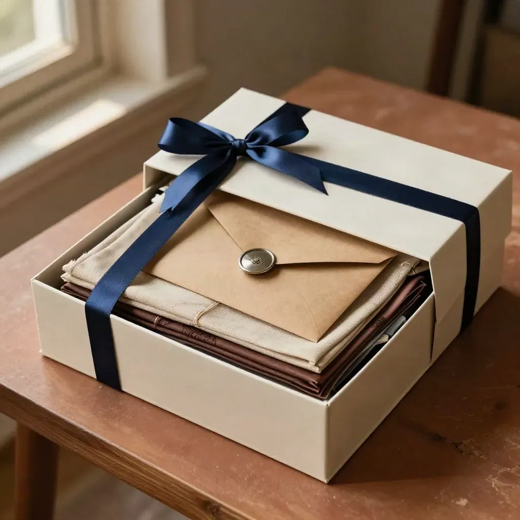 Cofanetto regalo su misura con nastri, tessuti e busta kraft su piano terracotta.