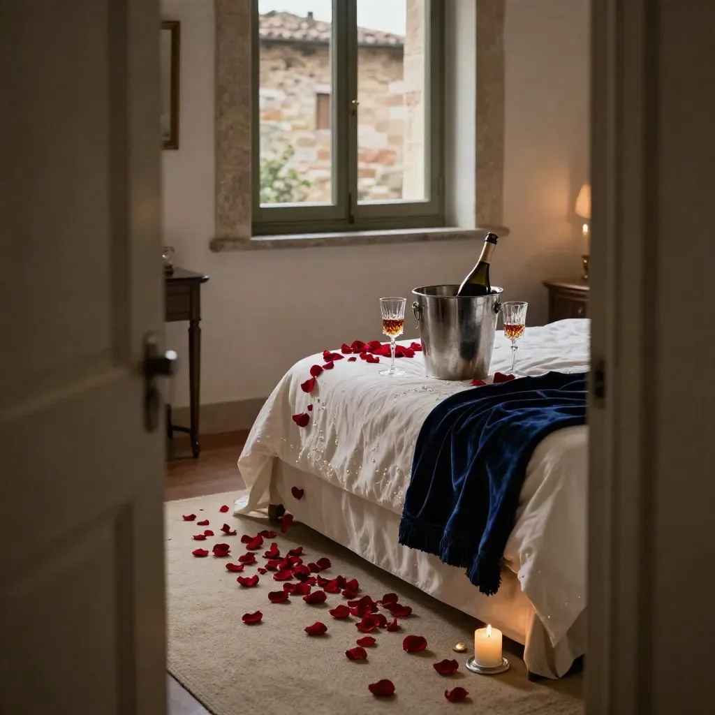 Suite romantica a Verona con rose rosse, calici, bottiglia e finestra di pietra