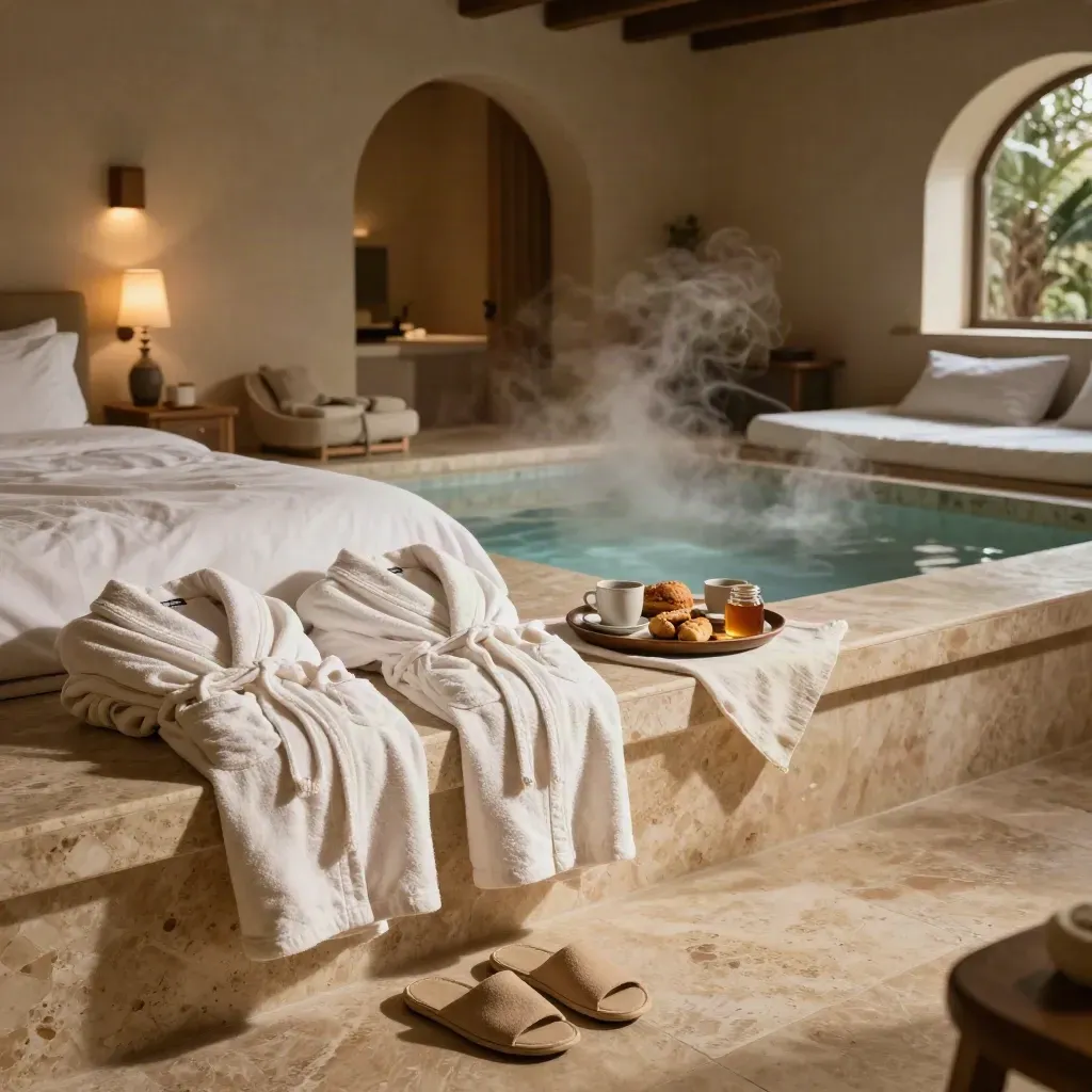 Suite termale toscana pronta per due, con accappatoi, ciabatte e piscina fumante.