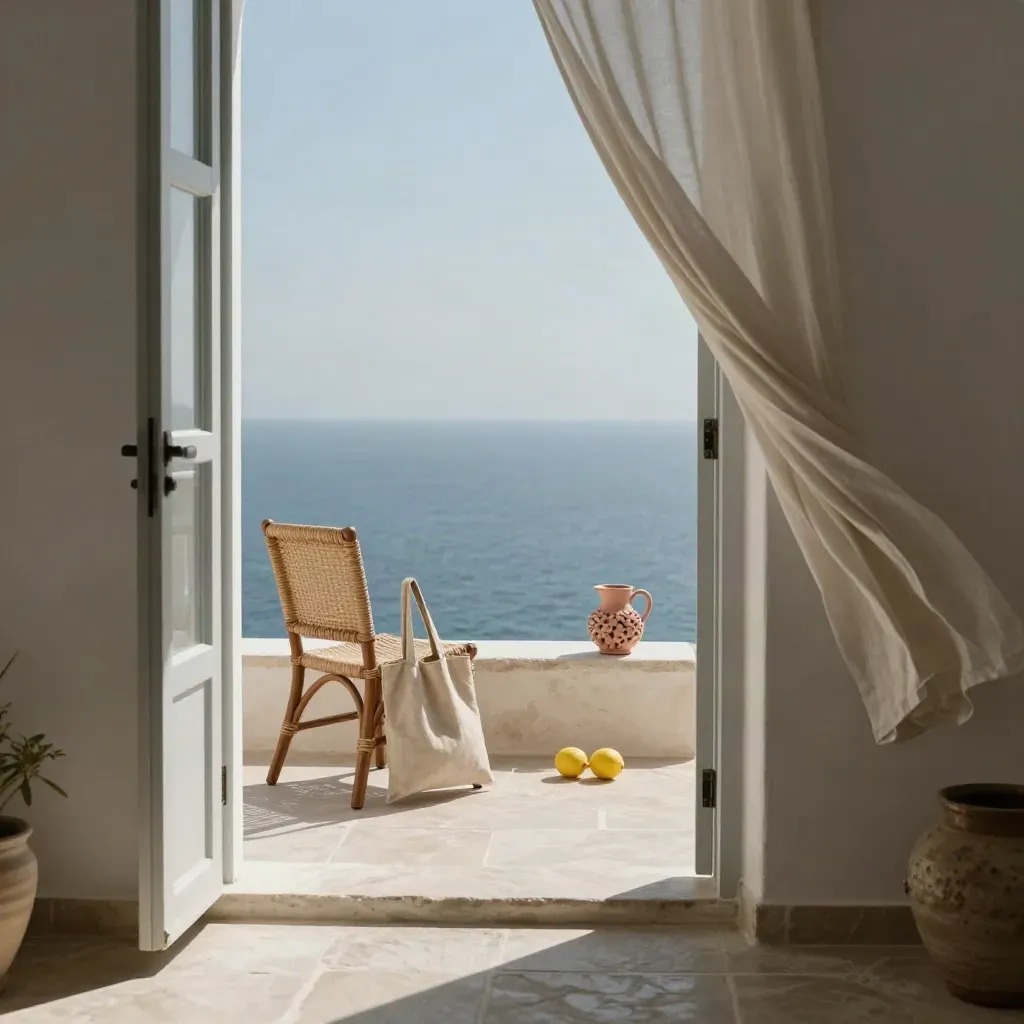 Terrazza bianca sul mare con sedia intrecciata, borsa di lino, limoni e porta aperta nel vento