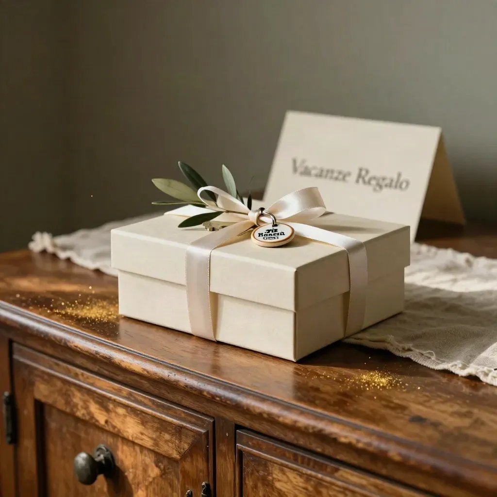 Box regalo per sposi in Toscana su credenza antica, con nastro avorio, ulivo e chiave hotel.