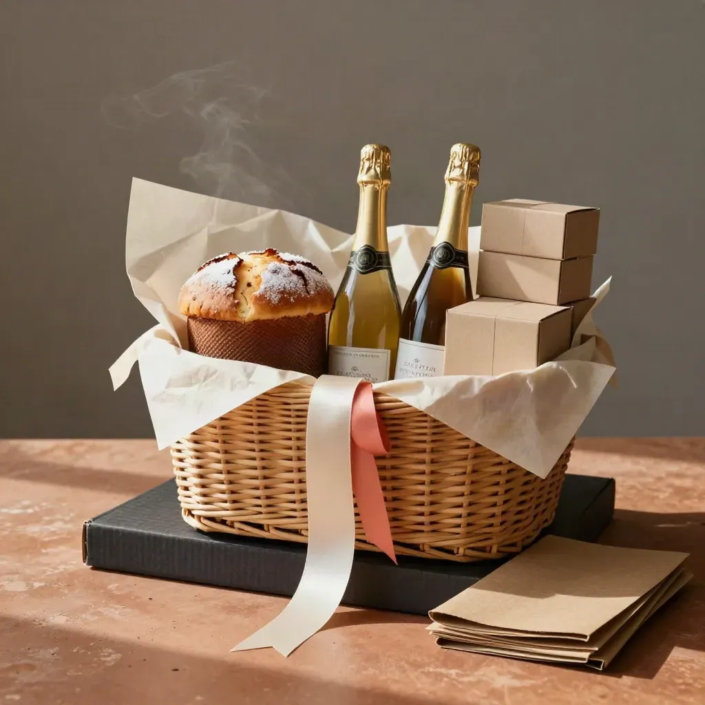Cesto regalo aziendale con mini panettone, bottiglie mignon, scatole rigide e nastro avorio su piano rustico.