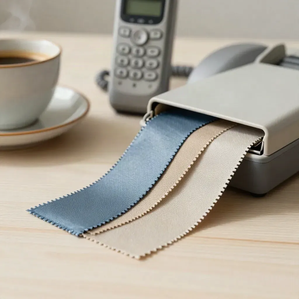 Telefono cordless, tazza di caffè, nastri campione e cofanetto prova su legno chiaro.