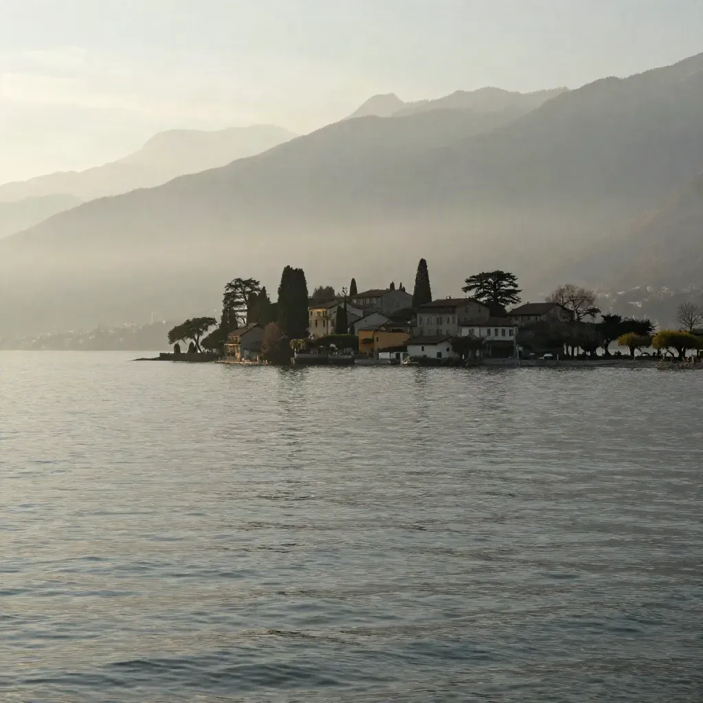 Lago di Como all’alba con Varenna e Prealpi nella foschia dorata