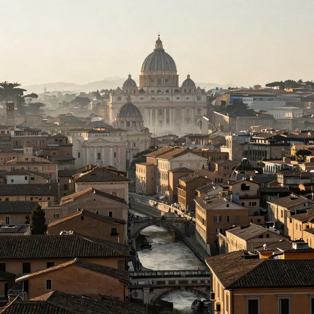 Roma all’alba con cupole lontane, tetti caldi e Tevere nella foschia
