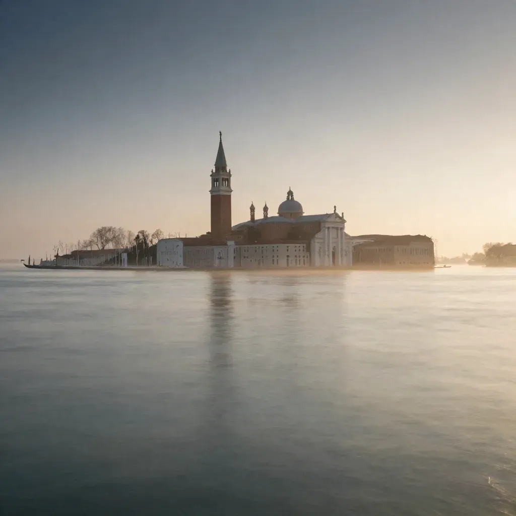 Laguna veneta all’alba con campanili lontani, barene e acqua immobile nella foschia.