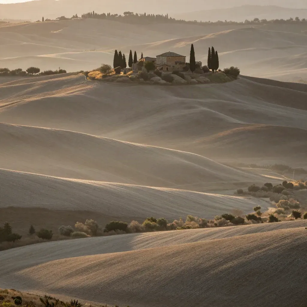 Colline della Val d’Orcia al tramonto con cipressi e casali nella foschia