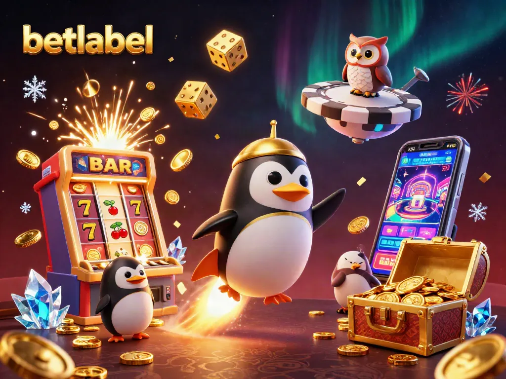 Betlabel features a 3D penguin capturing a casino atmosphere amidst colorful gaming elements.